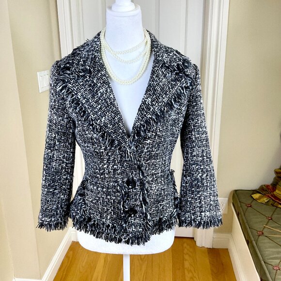 Arden B Blazer Jacket Y2K Wool Blend Tweed Chunky Fringe Patch Pockets (6) - Picture 1 of 8
